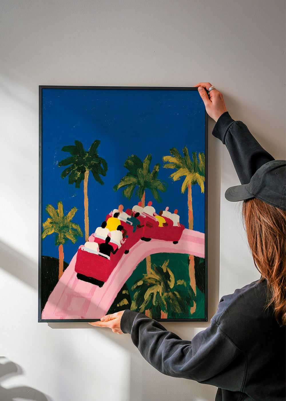 Botanische poster met palmen en roze achtbaan