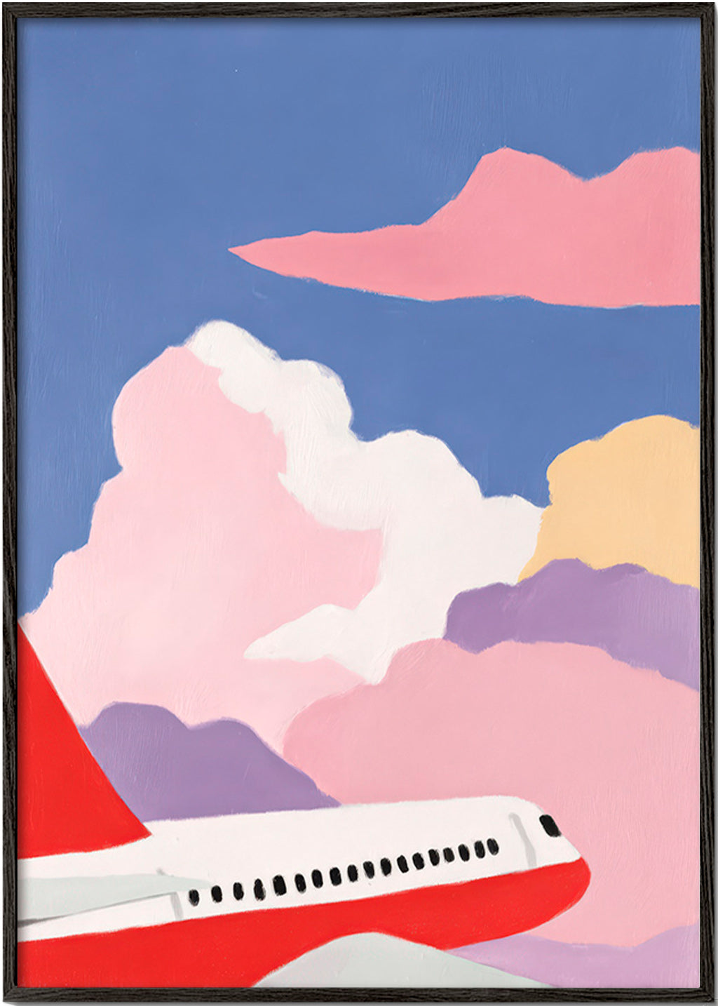 Illustratie vliegtuig tussen roze wolken