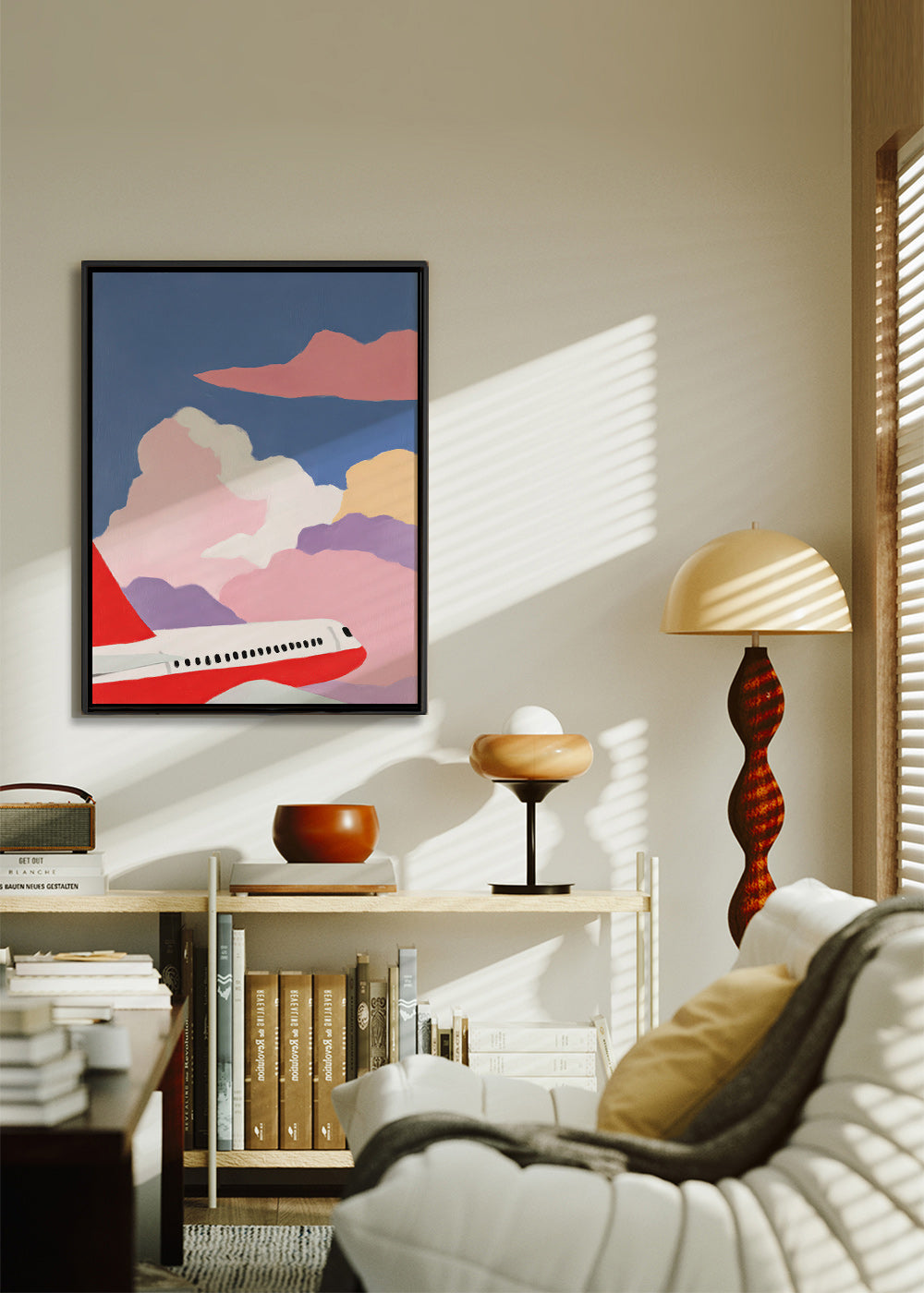 Illustratie vliegtuig tussen roze wolken