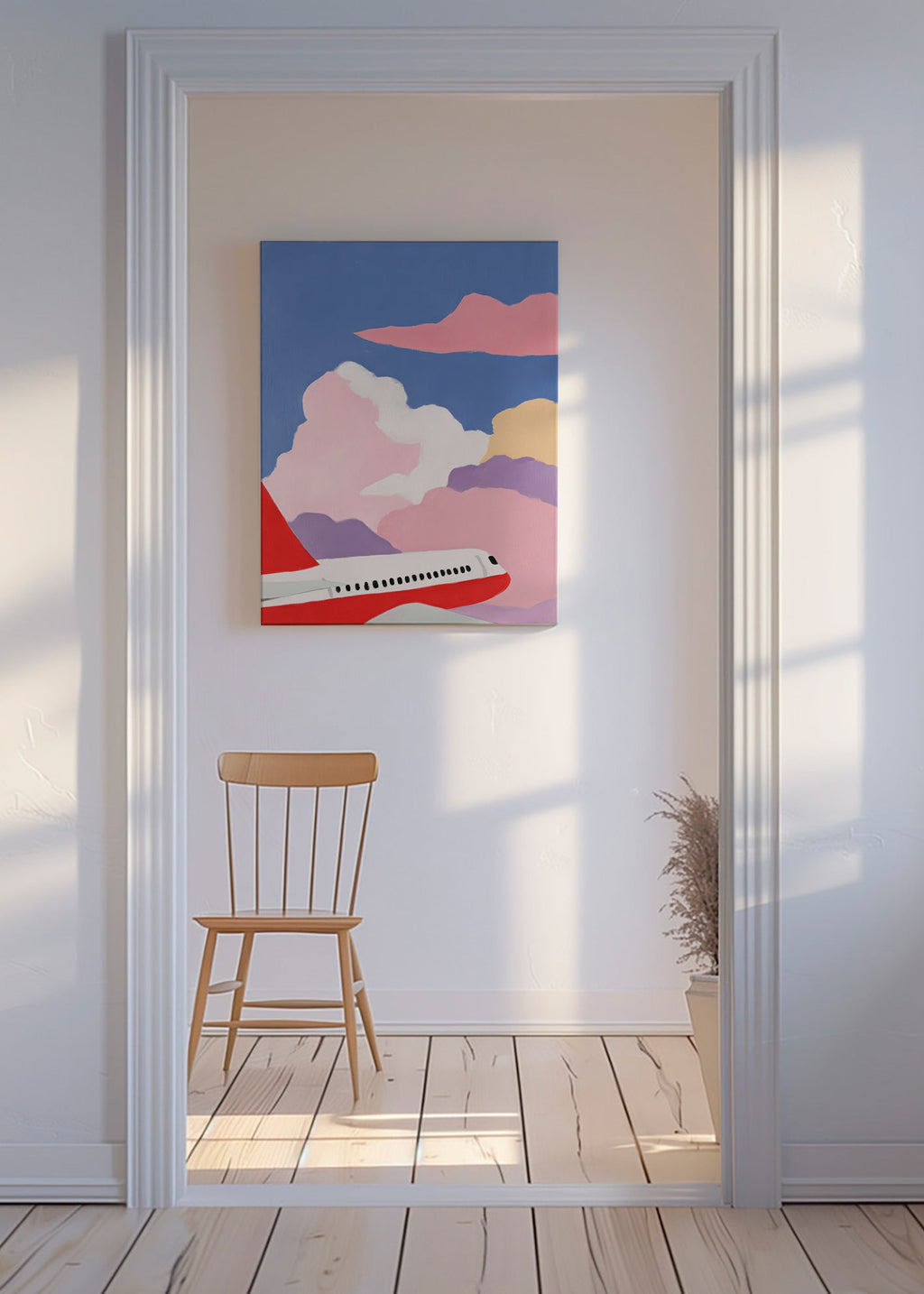 Illustratie vliegtuig tussen roze wolken