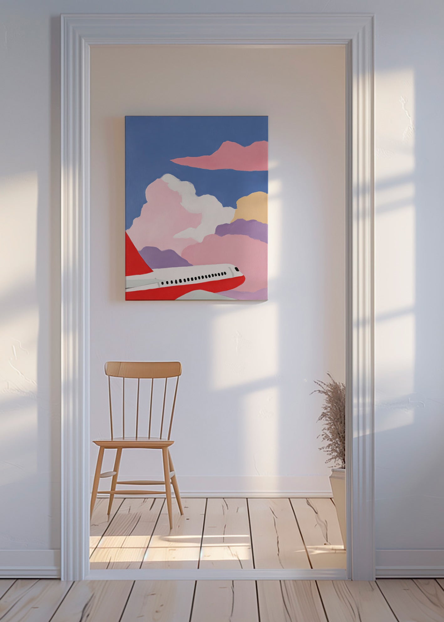 Illustratie vliegtuig tussen roze wolken