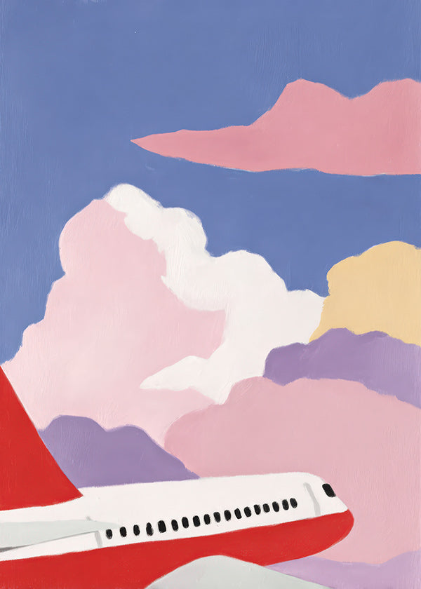 Illustratie vliegtuig tussen roze wolken