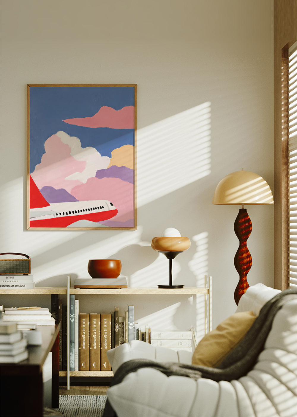 Illustratie vliegtuig tussen roze wolken