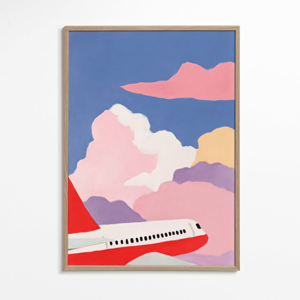 Illustratie vliegtuig tussen roze wolken