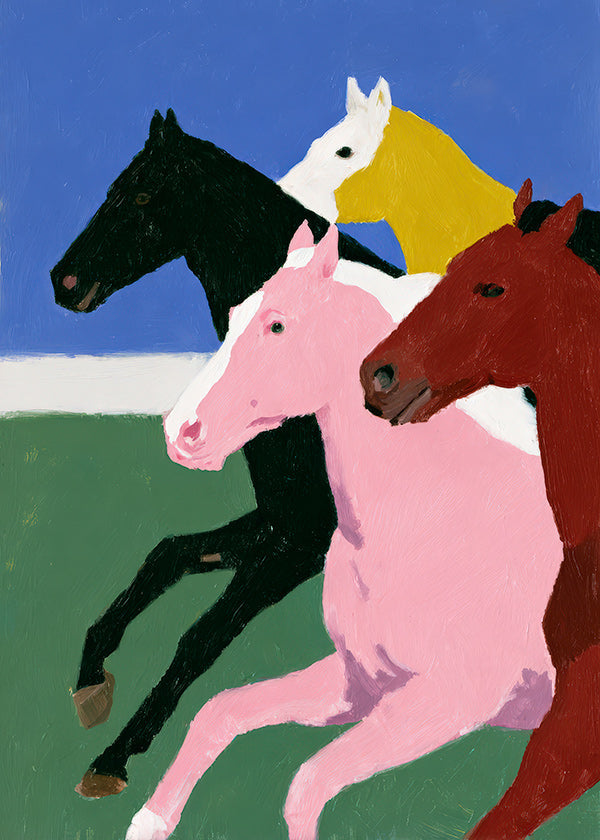 Kunstwerk vier rennende paarden met vlakke kleuren