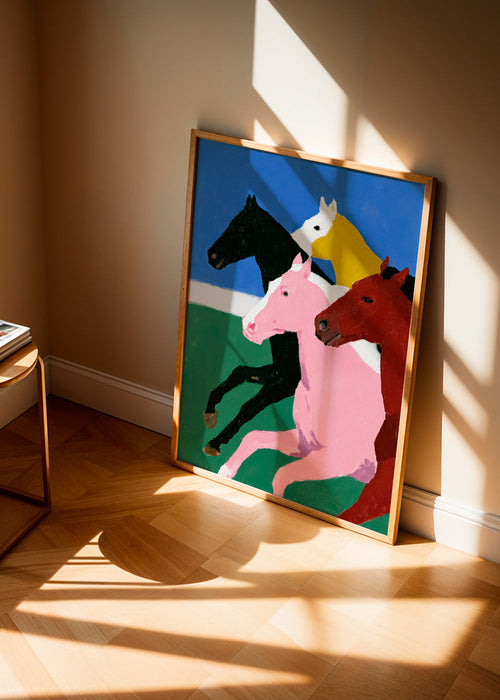 Kunstwerk vier rennende paarden met vlakke kleuren