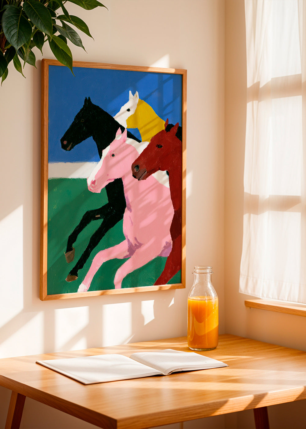 Kunstwerk vier rennende paarden met vlakke kleuren