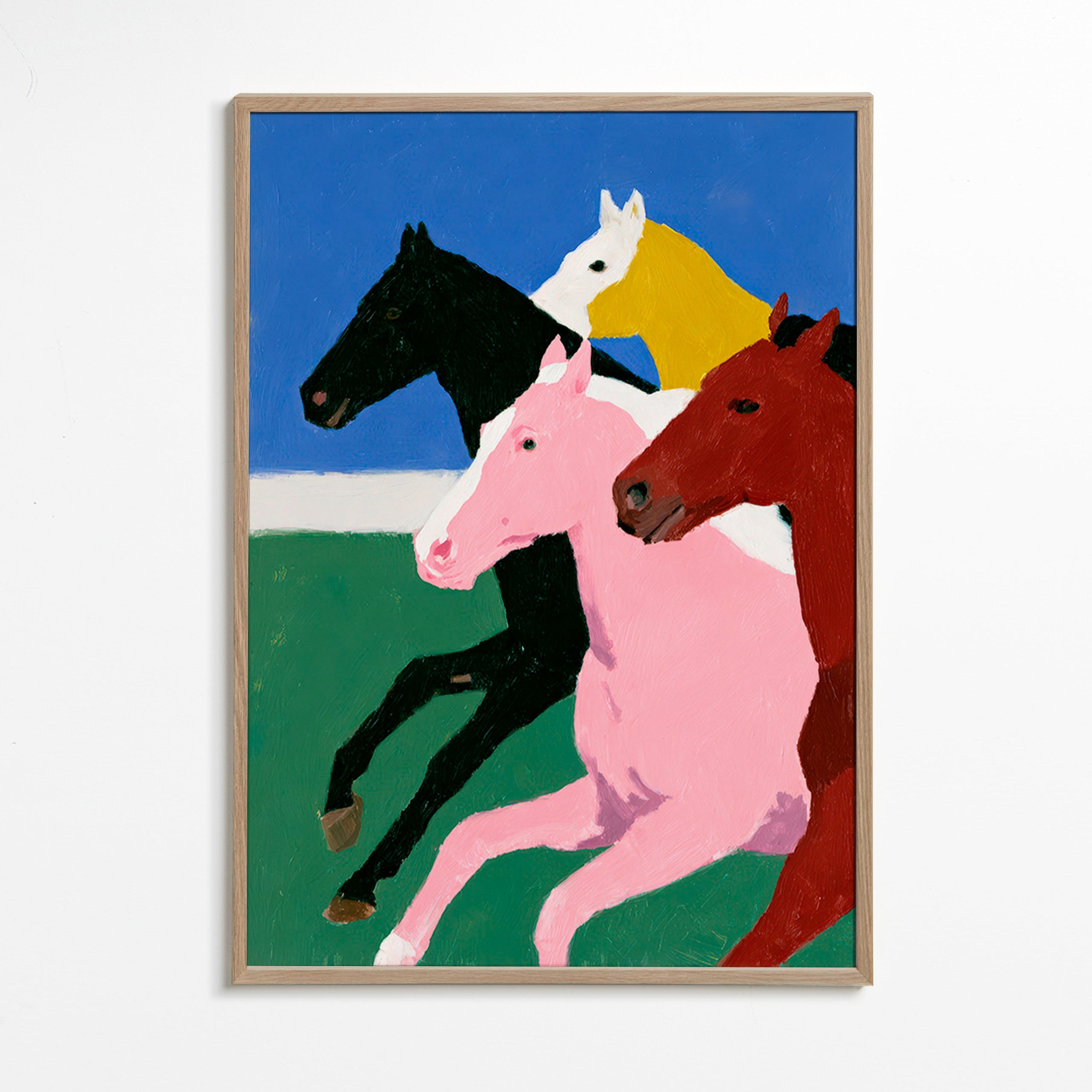 Kunstwerk vier rennende paarden met vlakke kleuren