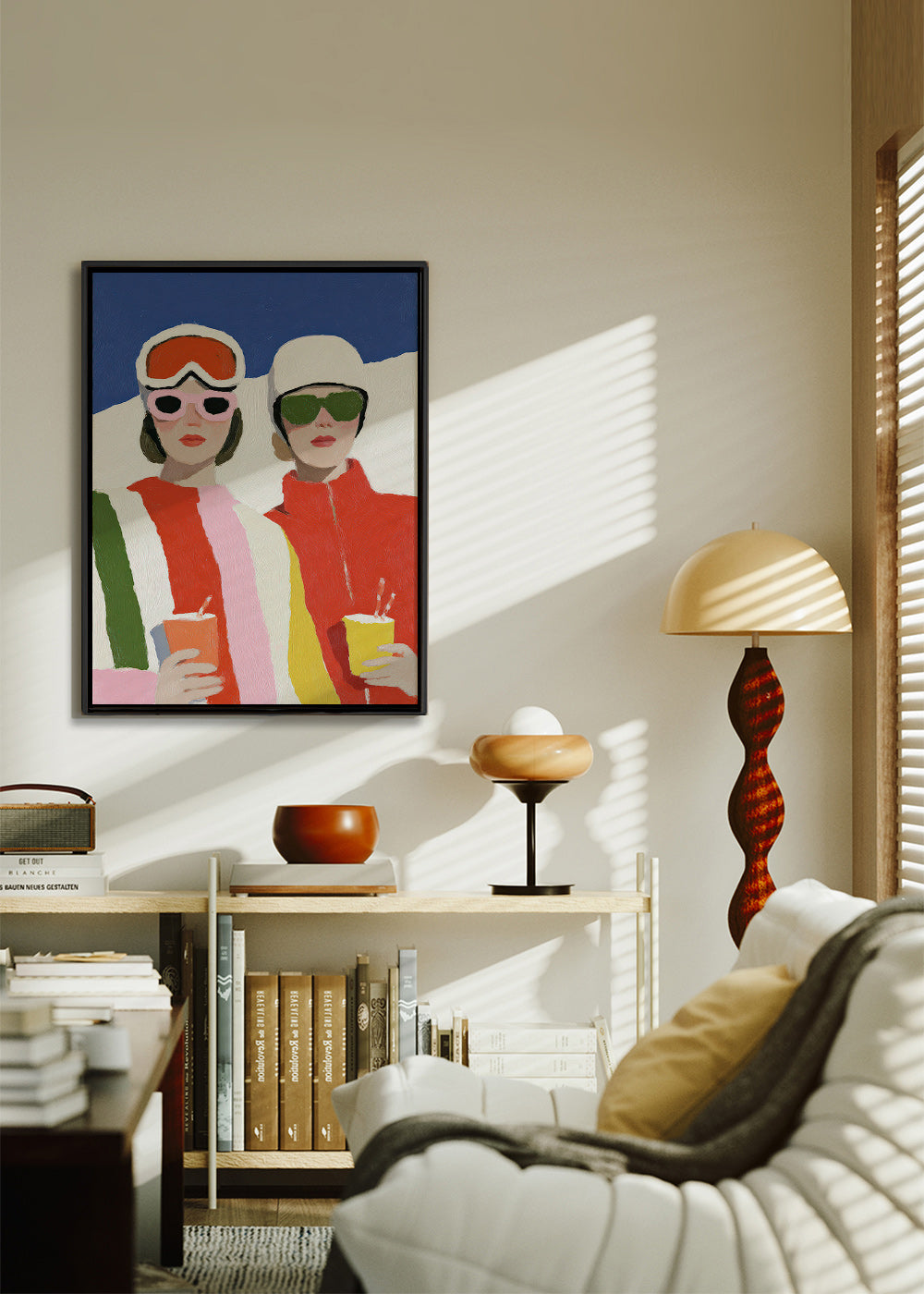 Illustratie après-ski duo in retro stijl