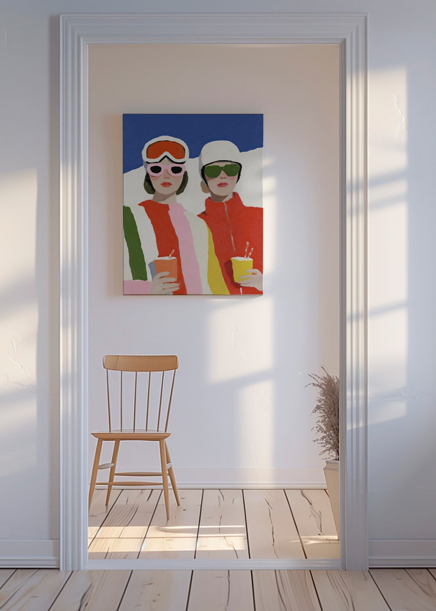 Illustratie après-ski duo in retro stijl
