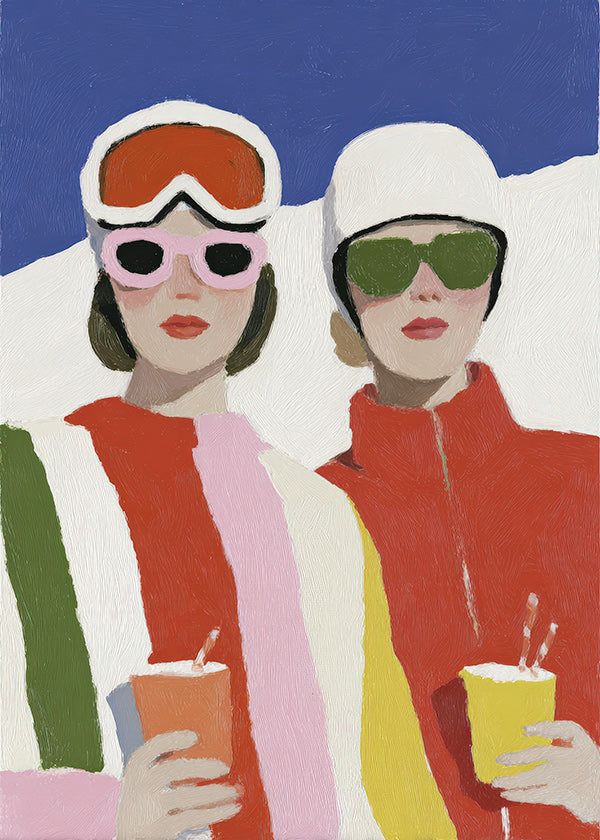 Illustratie après-ski duo in retro stijl
