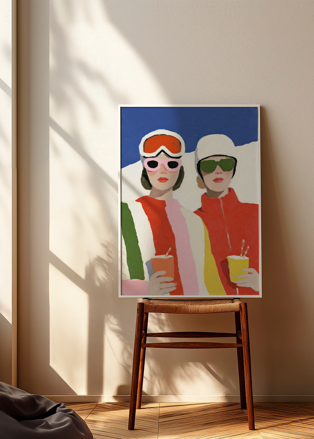 Illustratie après-ski duo in retro stijl