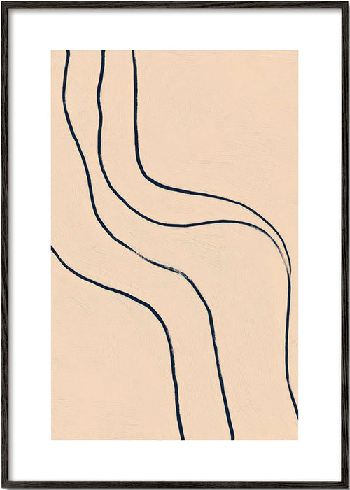 Minimalistisch kunstwerk met vloeiende lijnen op beige