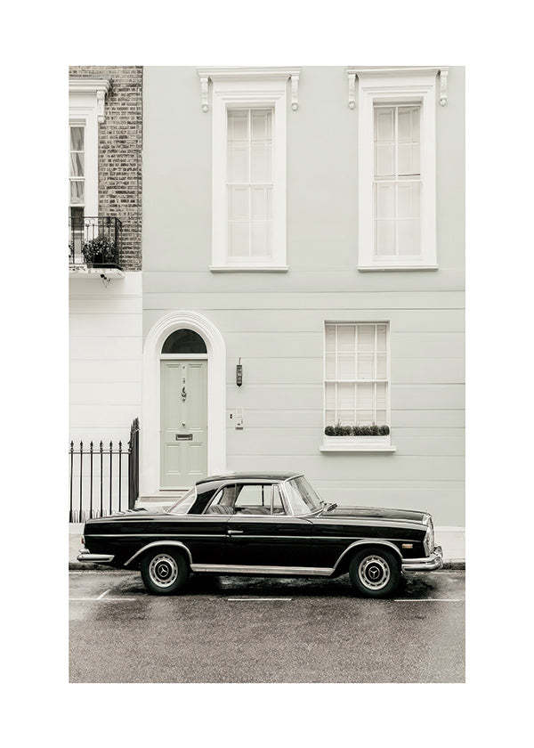 Vintage print klassieke auto bij stadsgevel