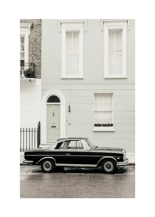 Vintage print klassieke auto bij stadsgevel