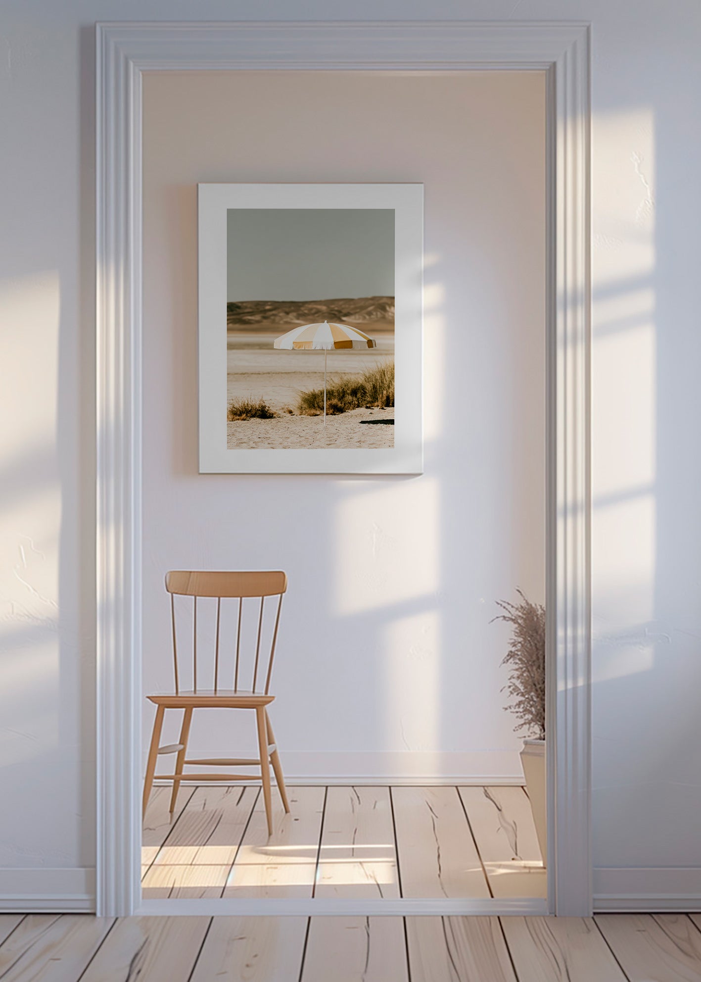 Landschap kunst met gestreepte strandparasol