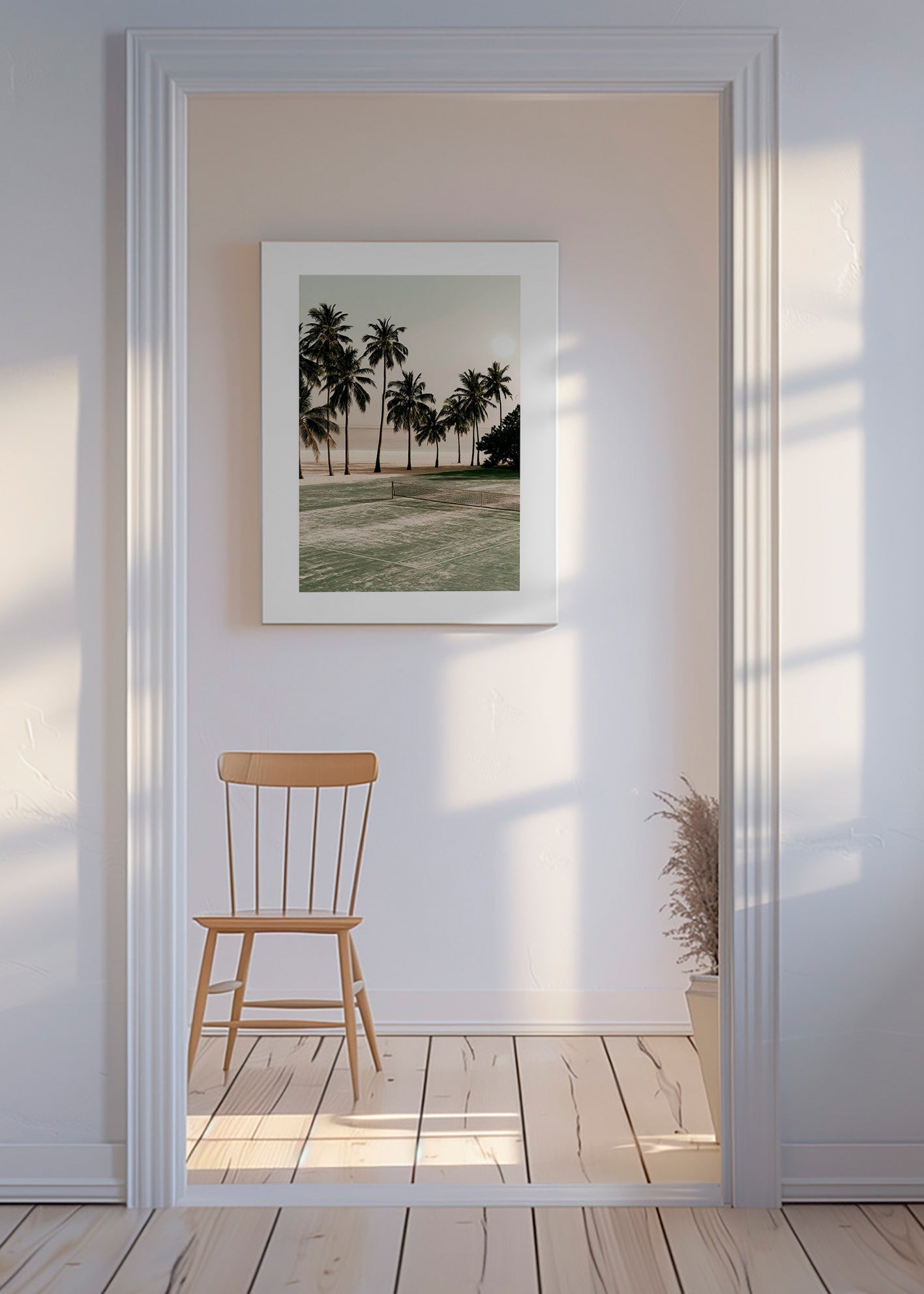 Landschap kunst met palmbomen en een tennisbaan