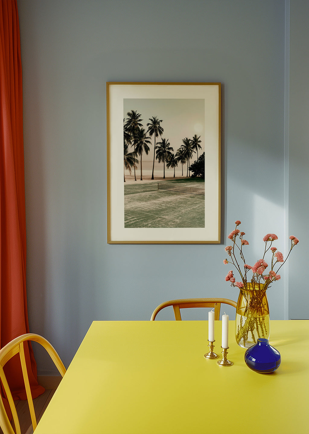 Landschap kunst met palmbomen en een tennisbaan