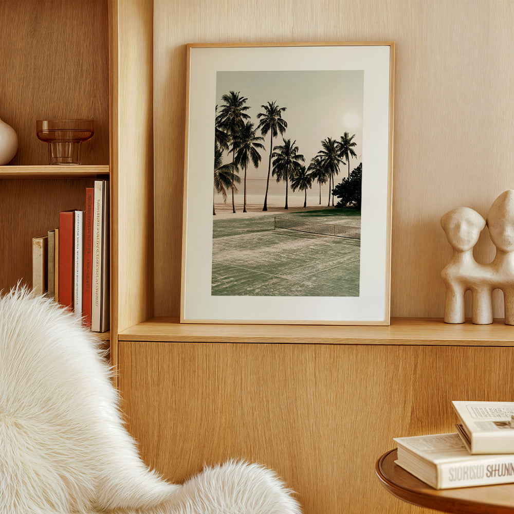 Landschap kunst met palmbomen en een tennisbaan