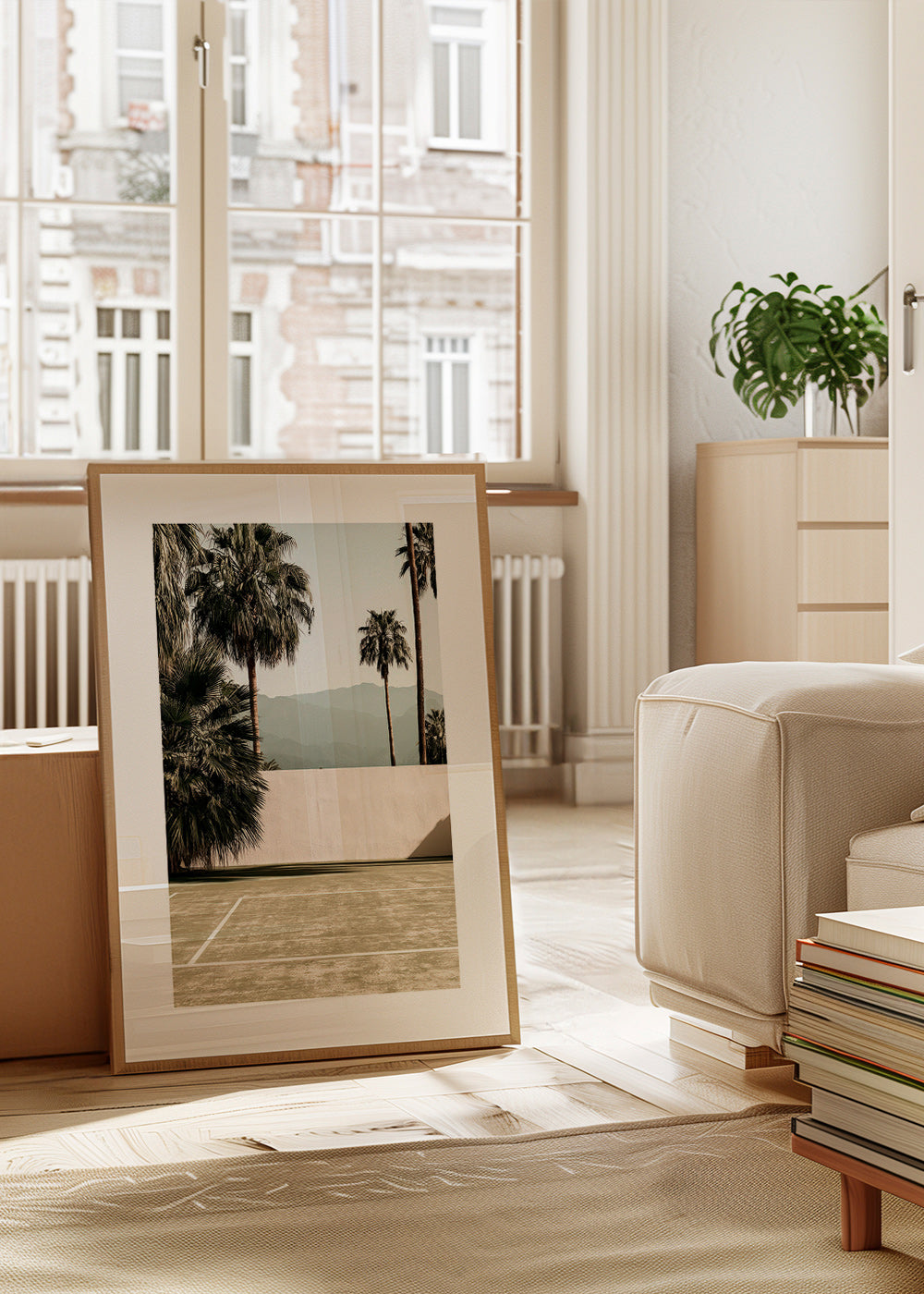 Landschap kunst met palmen en minimalistische muur