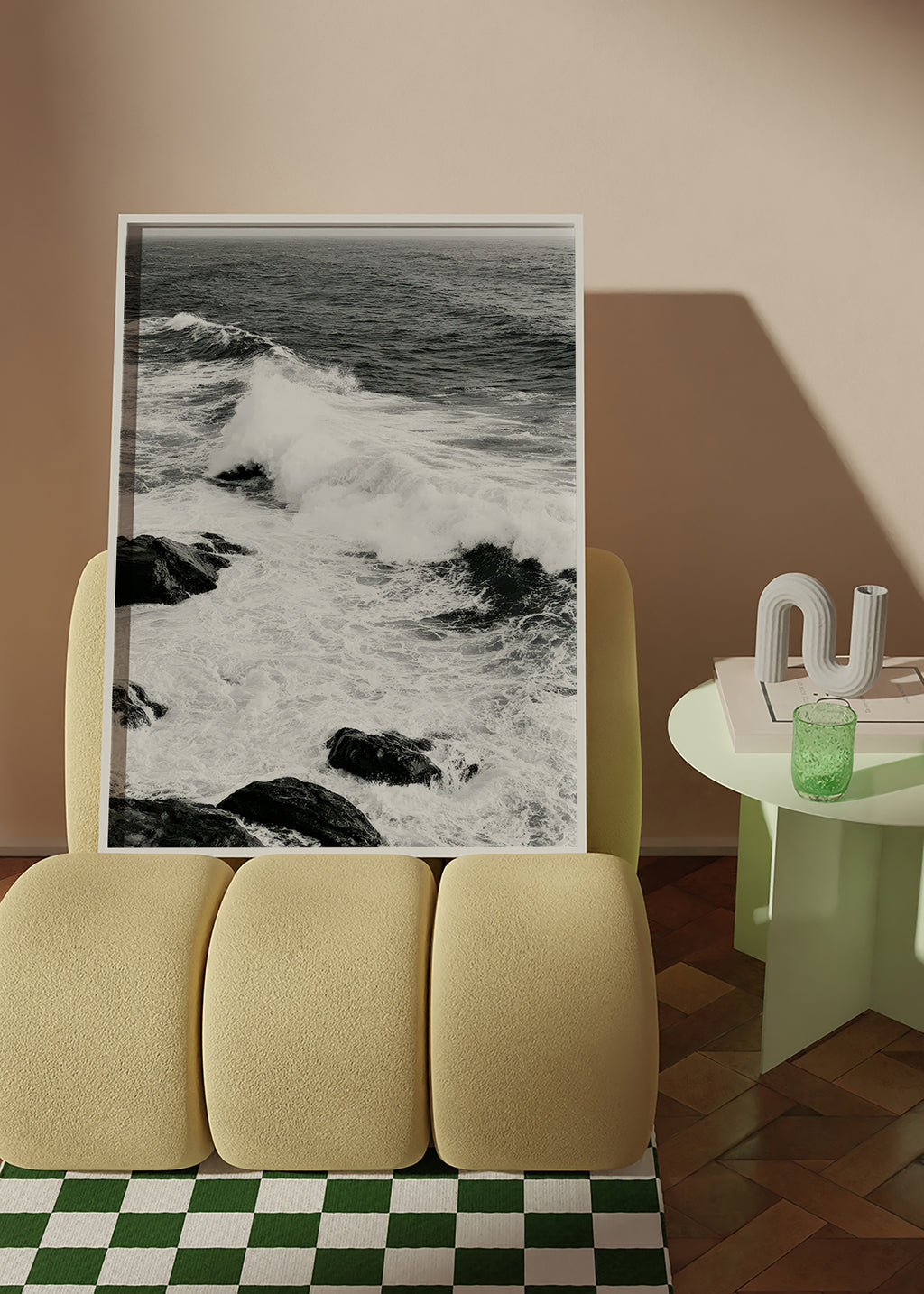 Landschapkunst met brekende golven in zwart-wit