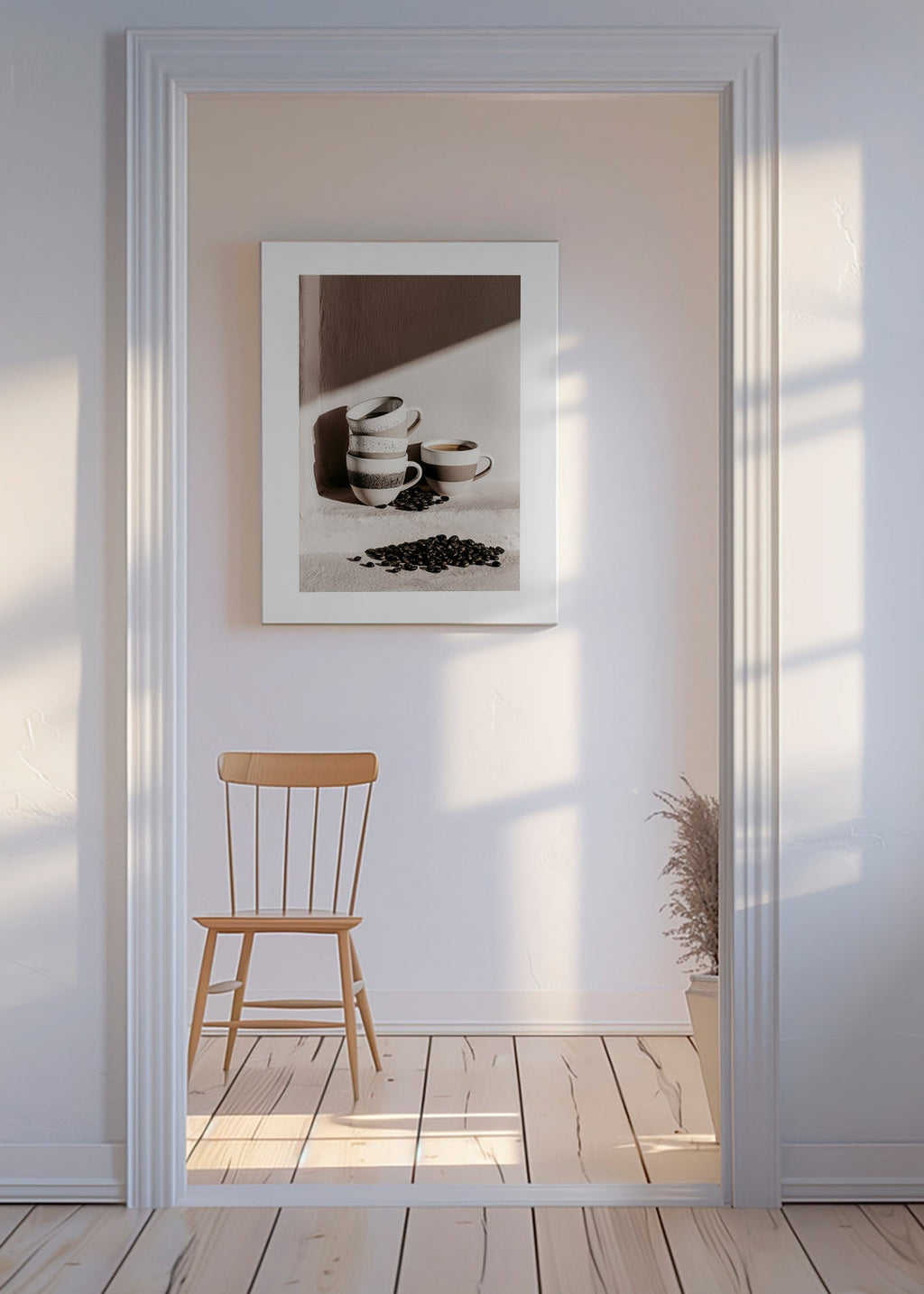 Keuken kunst met gestapelde mokken en koffiebonen