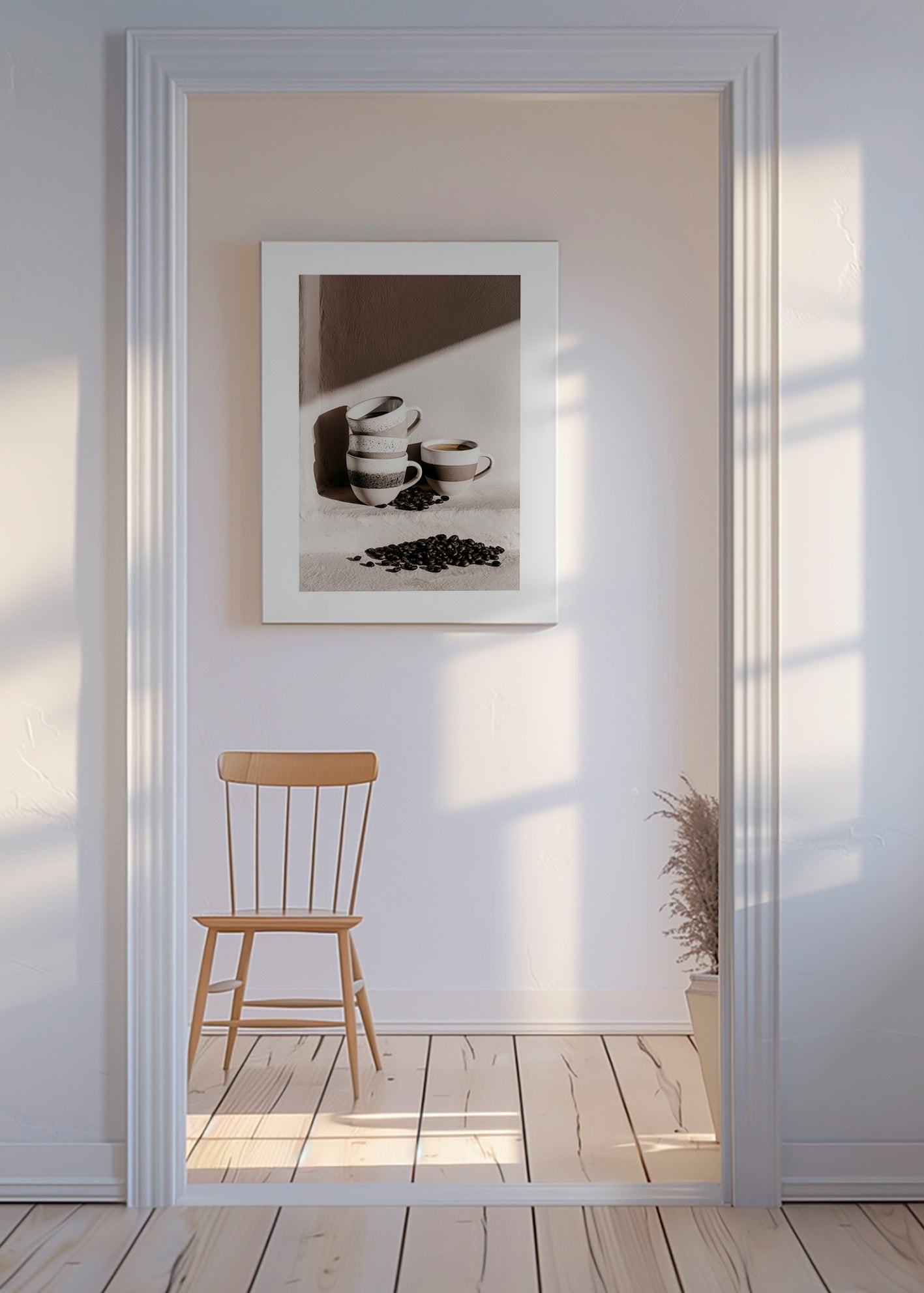 Keuken kunst met gestapelde mokken en koffiebonen