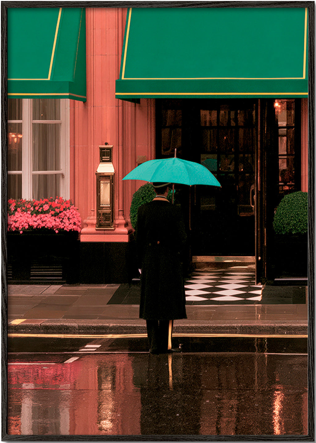 Stadsfoto: figuur met paraplu en reflecties