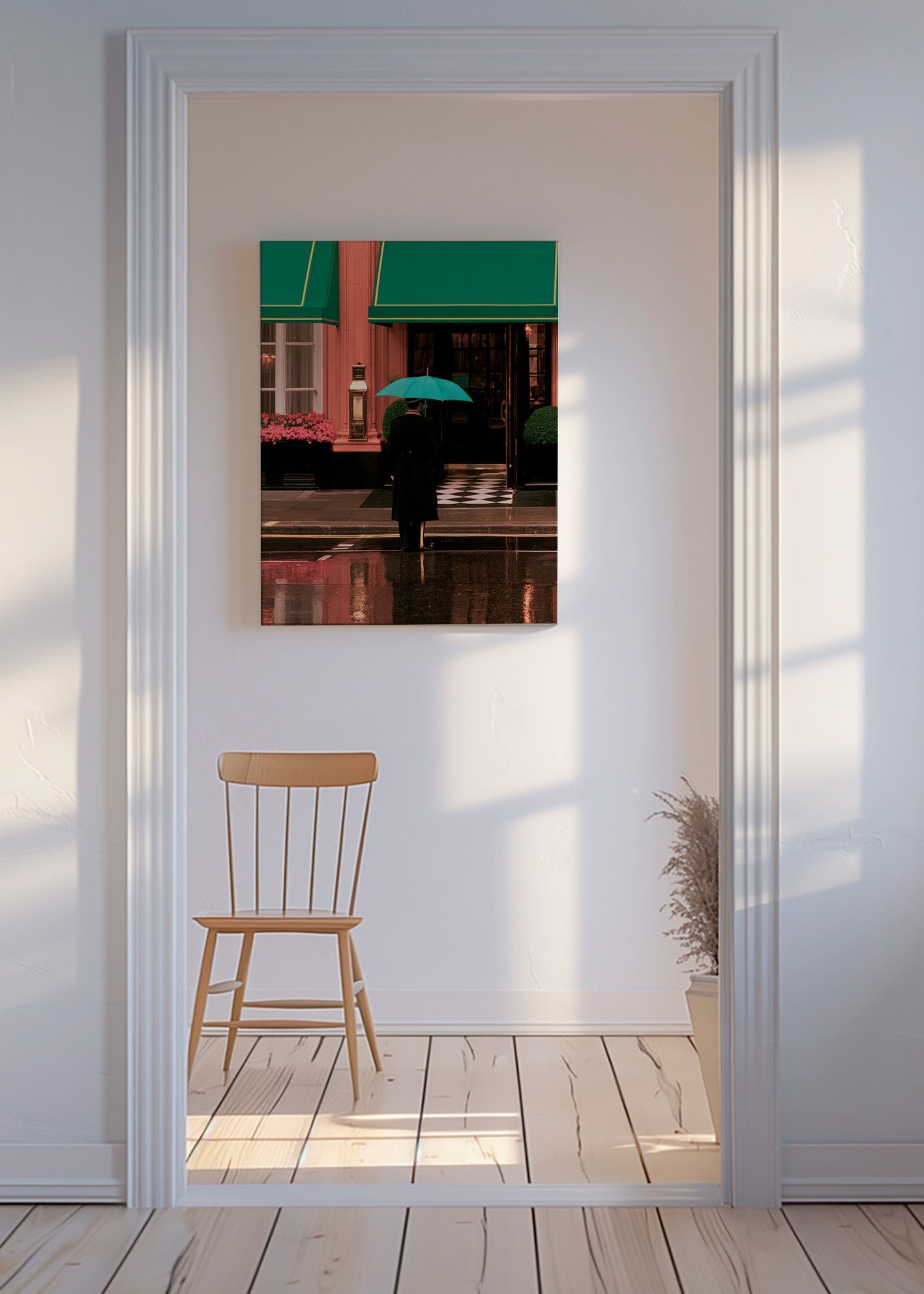 Stadsfoto: figuur met paraplu en reflecties