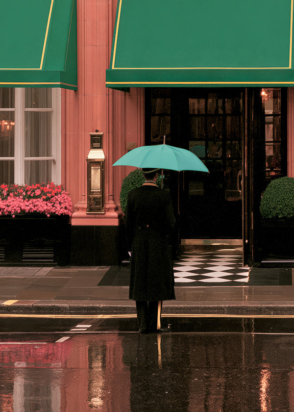 Stadsfoto: figuur met paraplu en reflecties