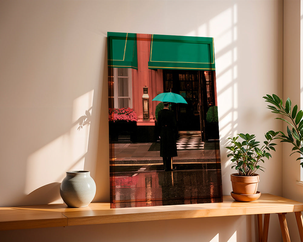 Stadsfoto: figuur met paraplu en reflecties