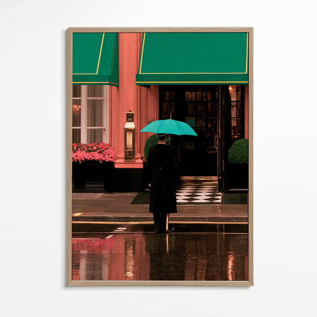 Stadsfoto: figuur met paraplu en reflecties