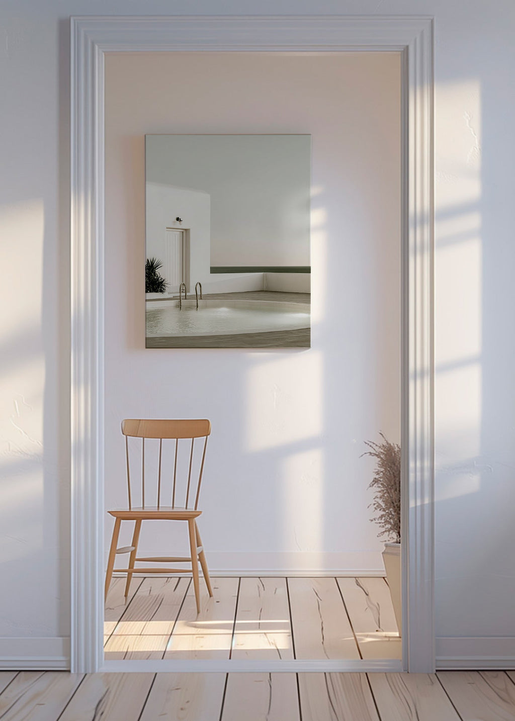 Fotografie van minimalistisch zwembad en witte architectuur