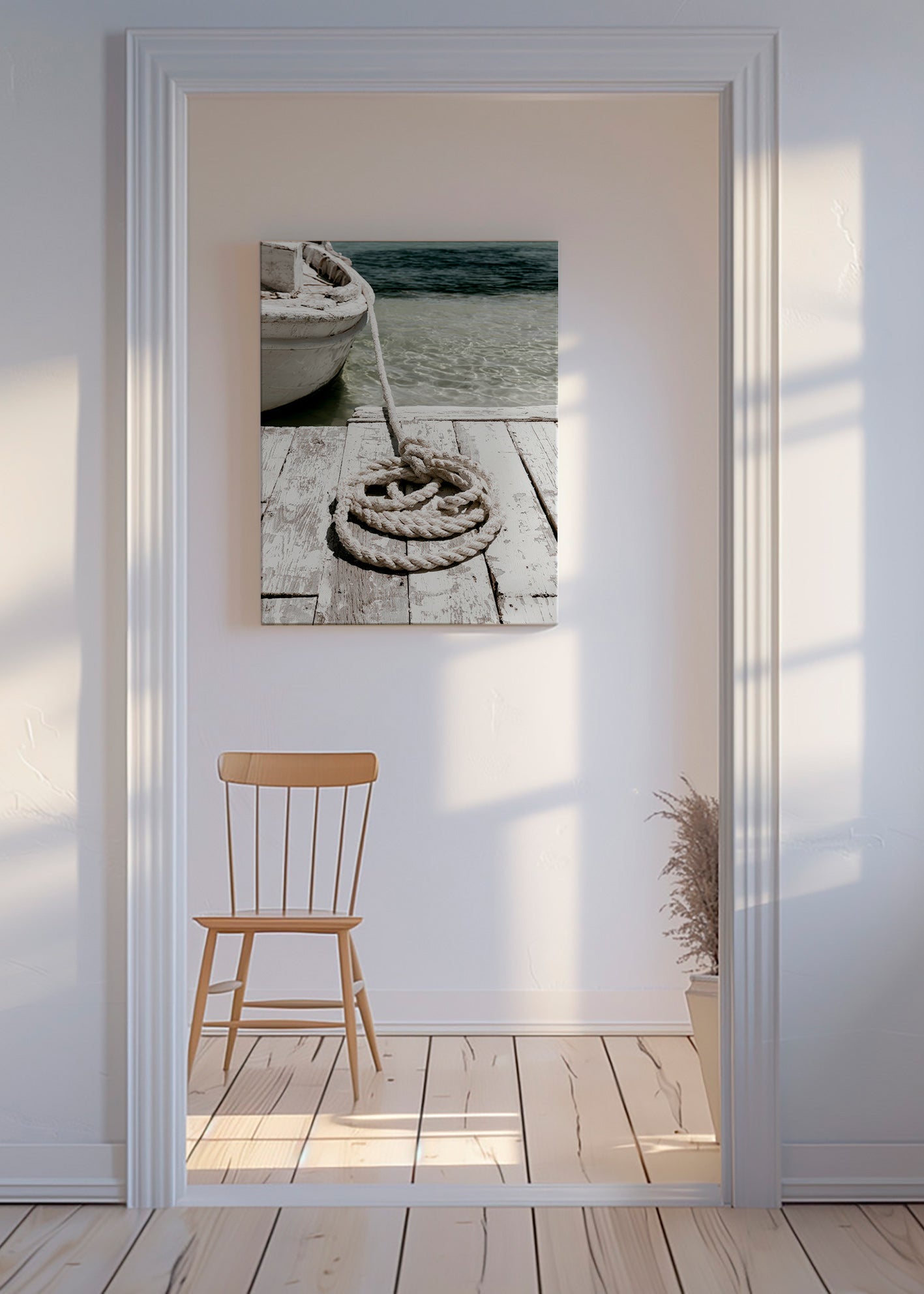 Fotografie van steiger met touw op de voorgrond