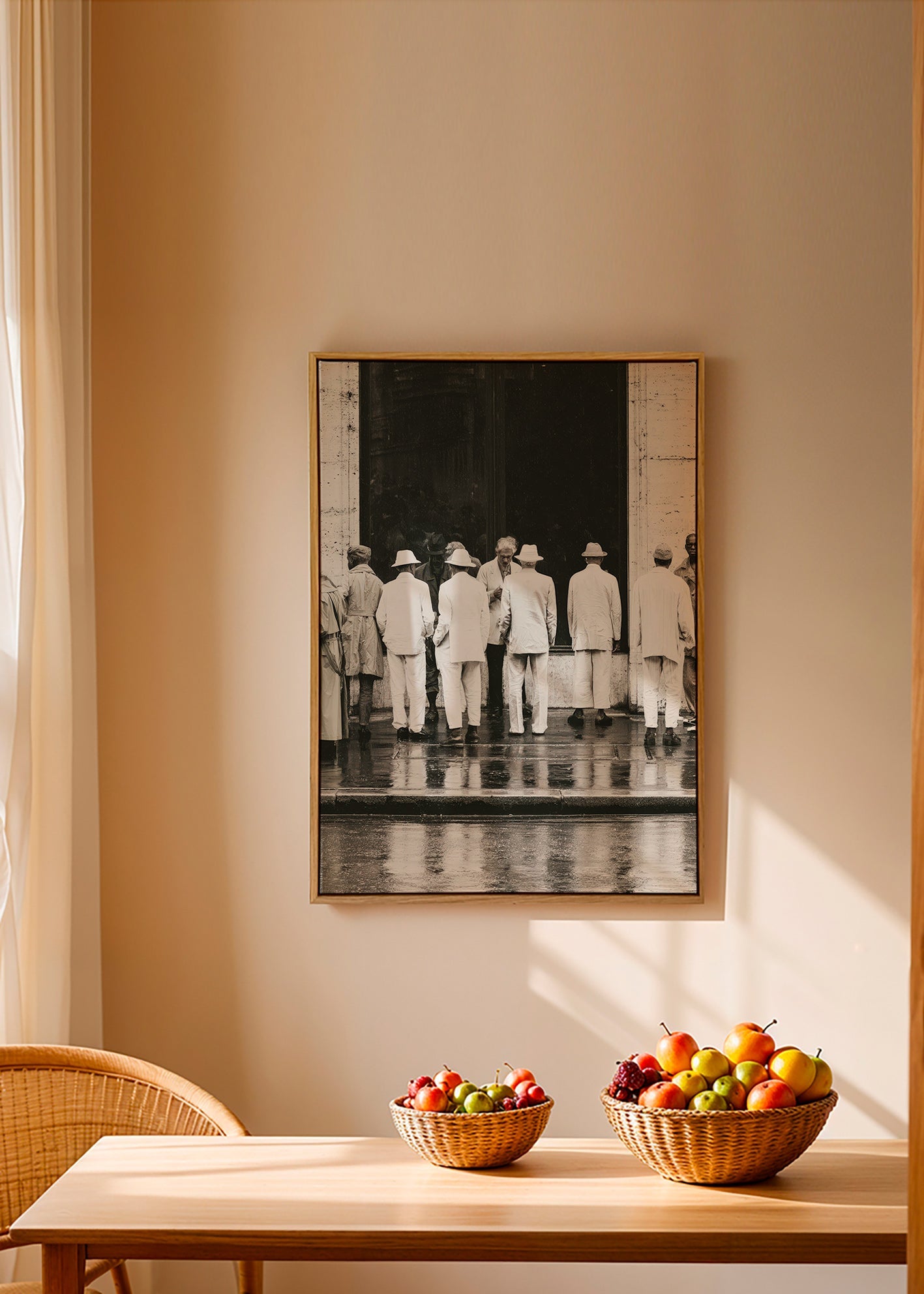 Zwart-wit foto van mannen van achteren in de regen