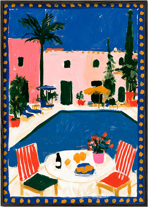 Reisposter: roze villa met zwembad