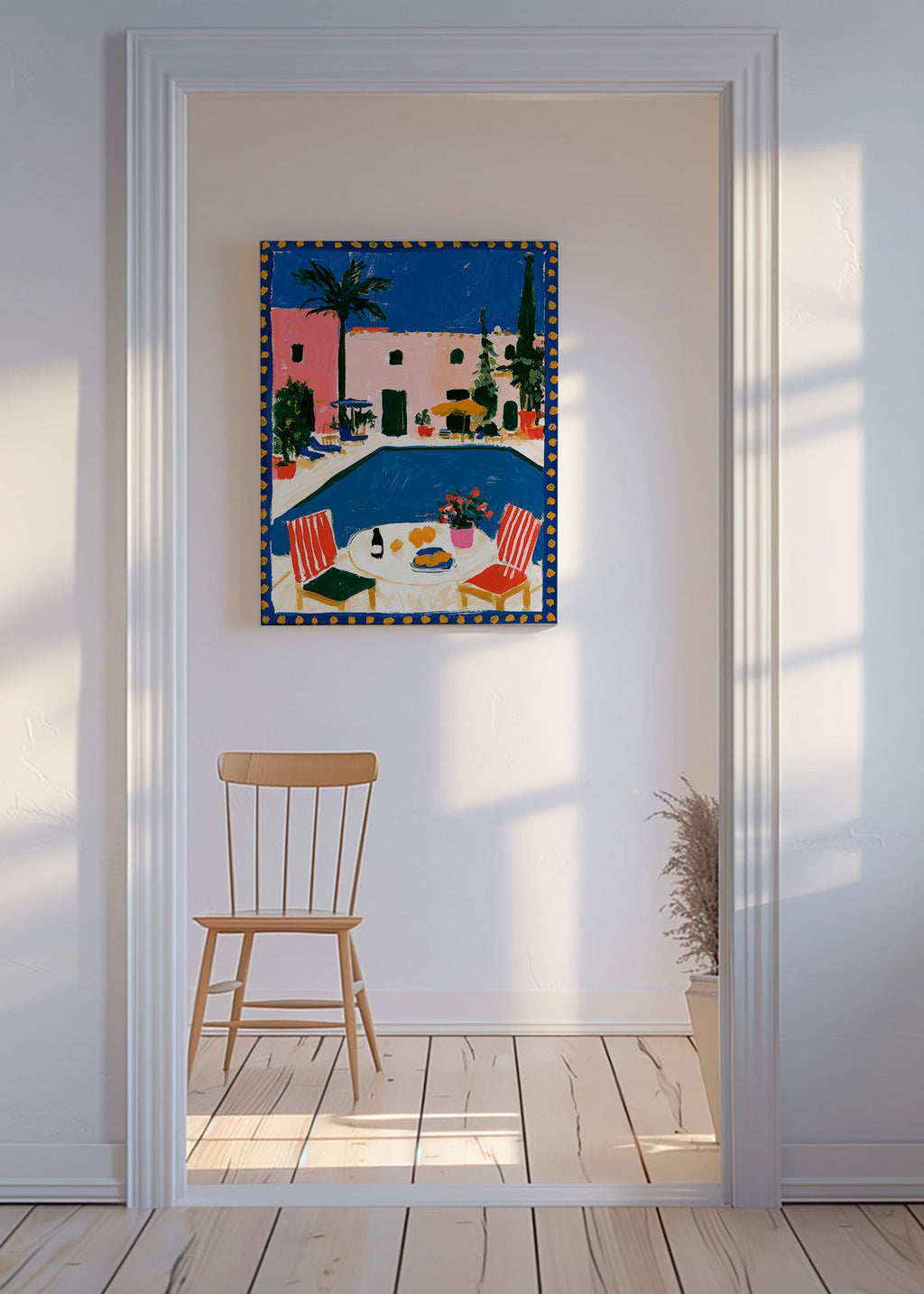 Reisposter: roze villa met zwembad