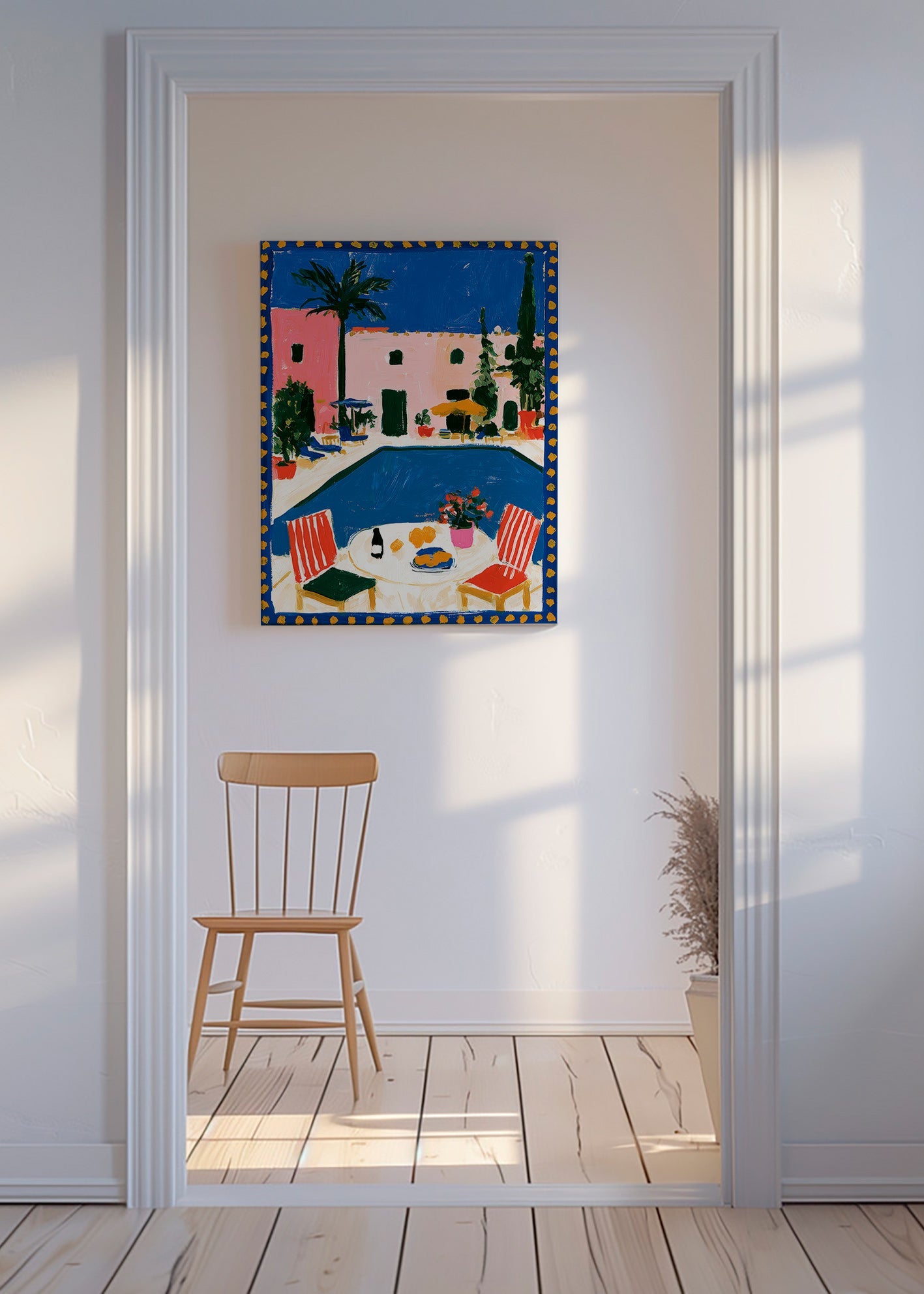 Reisposter: roze villa met zwembad