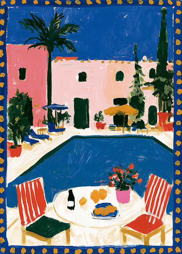 Reisposter: roze villa met zwembad