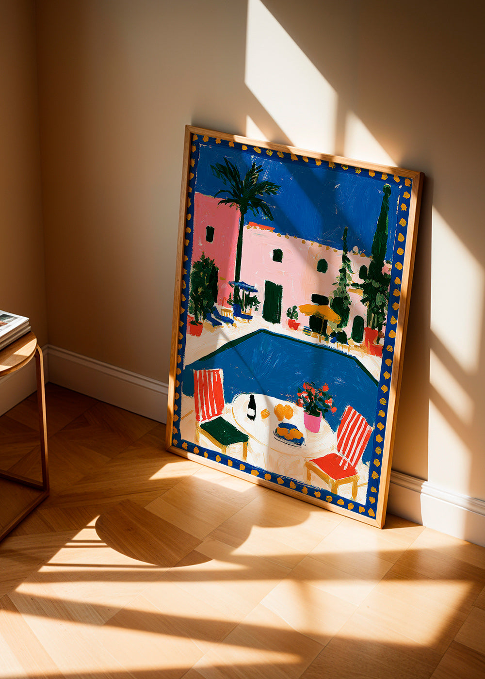 Reisposter: roze villa met zwembad