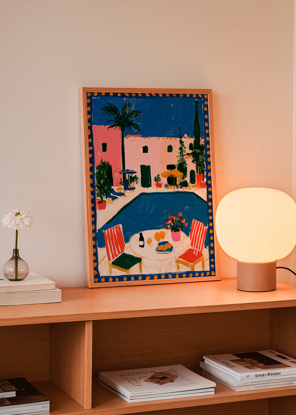 Reisposter: roze villa met zwembad