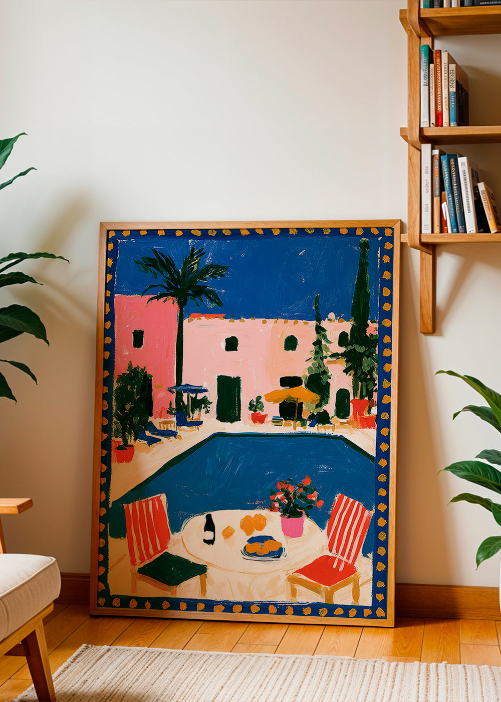 Reisposter: roze villa met zwembad