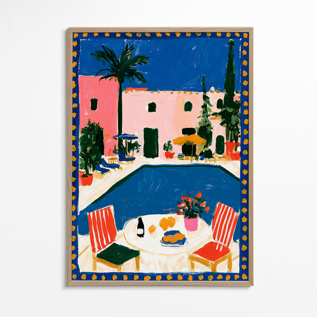 Reisposter: roze villa met zwembad