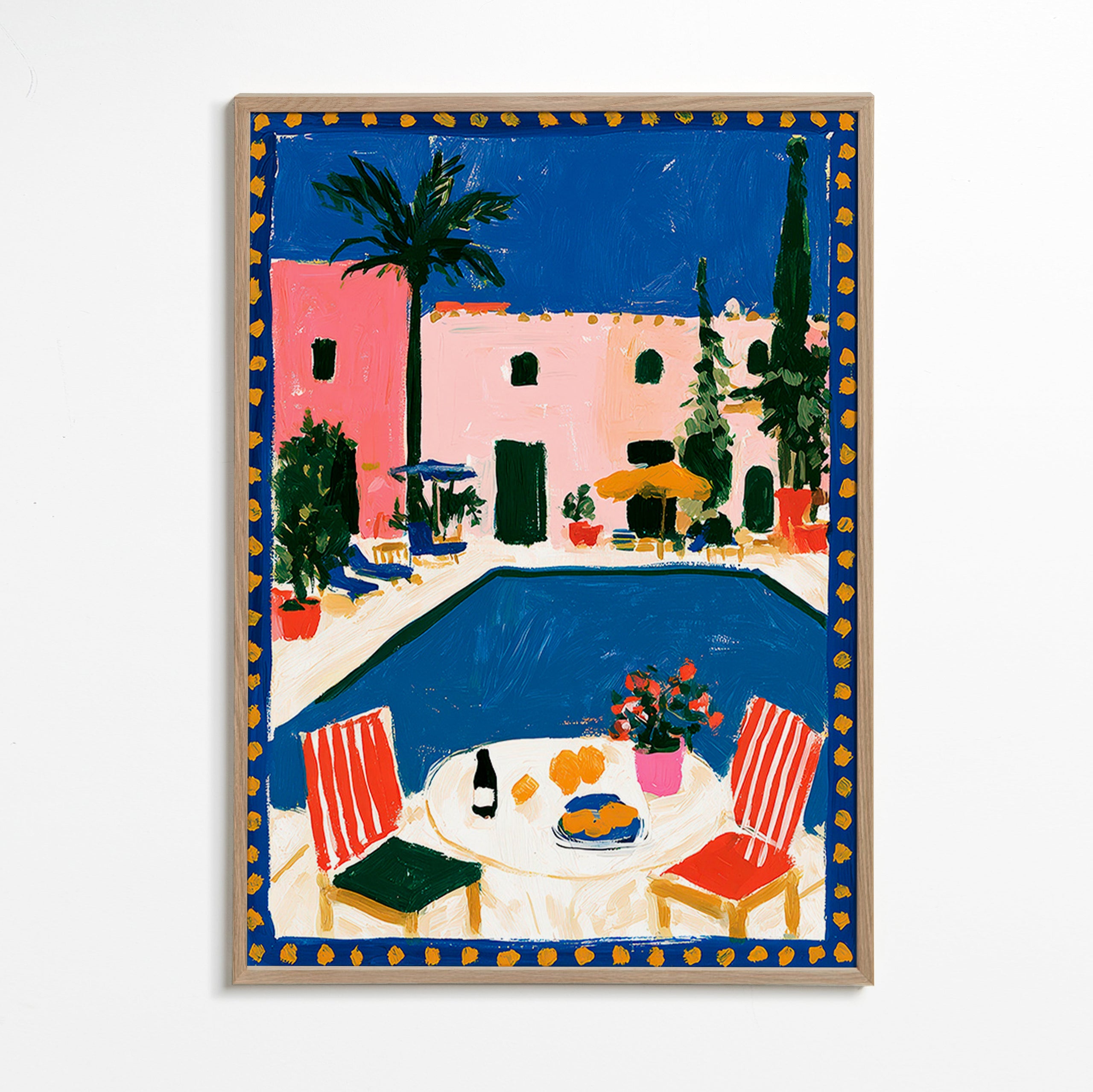 Reisposter: roze villa met zwembad