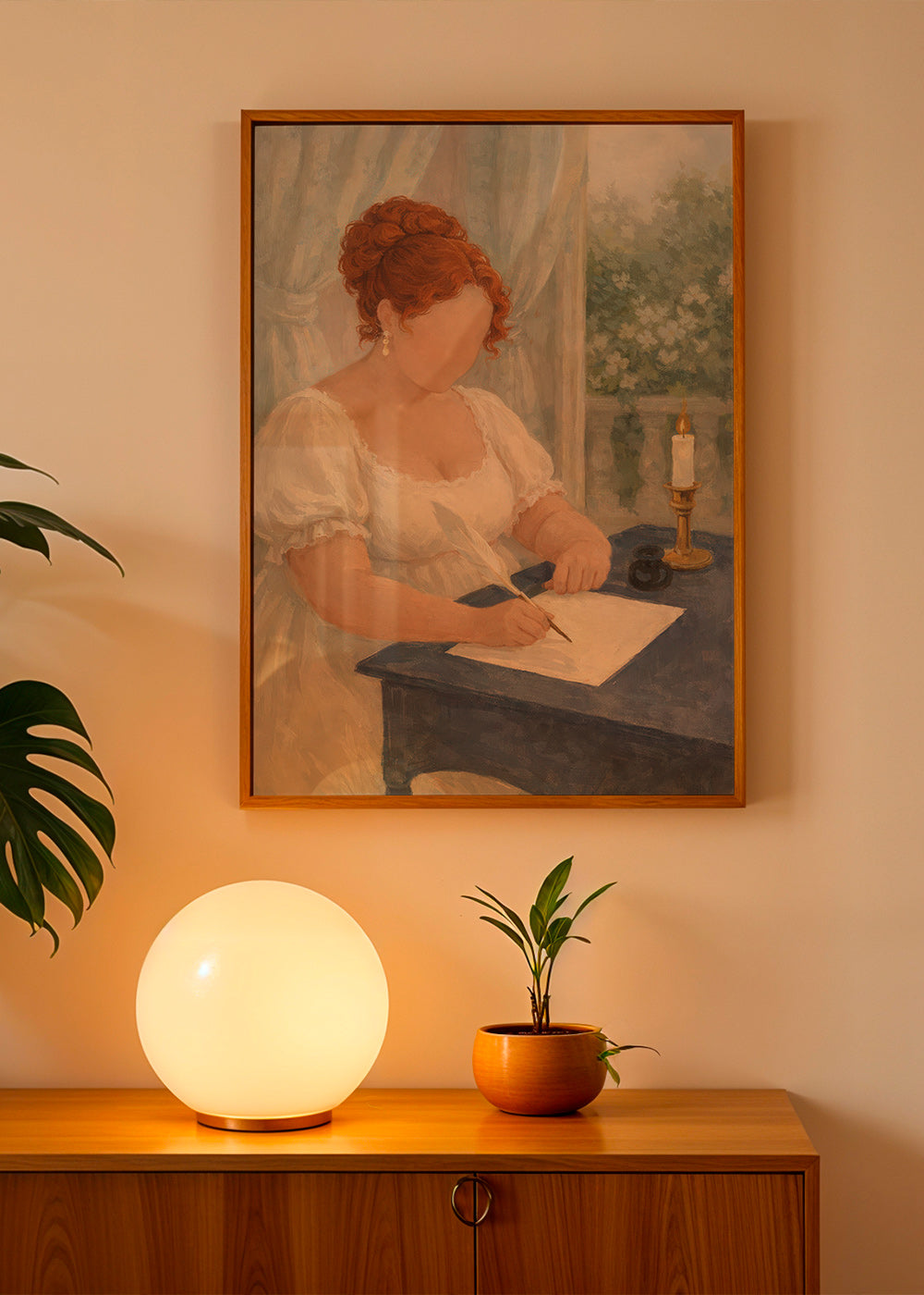 Illustratie van dame die bij kaarslicht schrijft