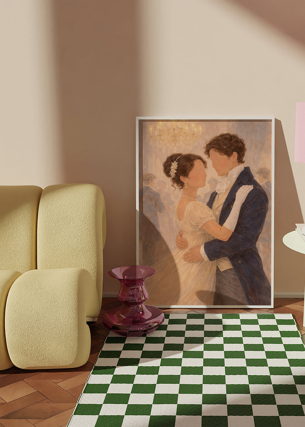 Illustratie van een romantische dans in een vintage zaal